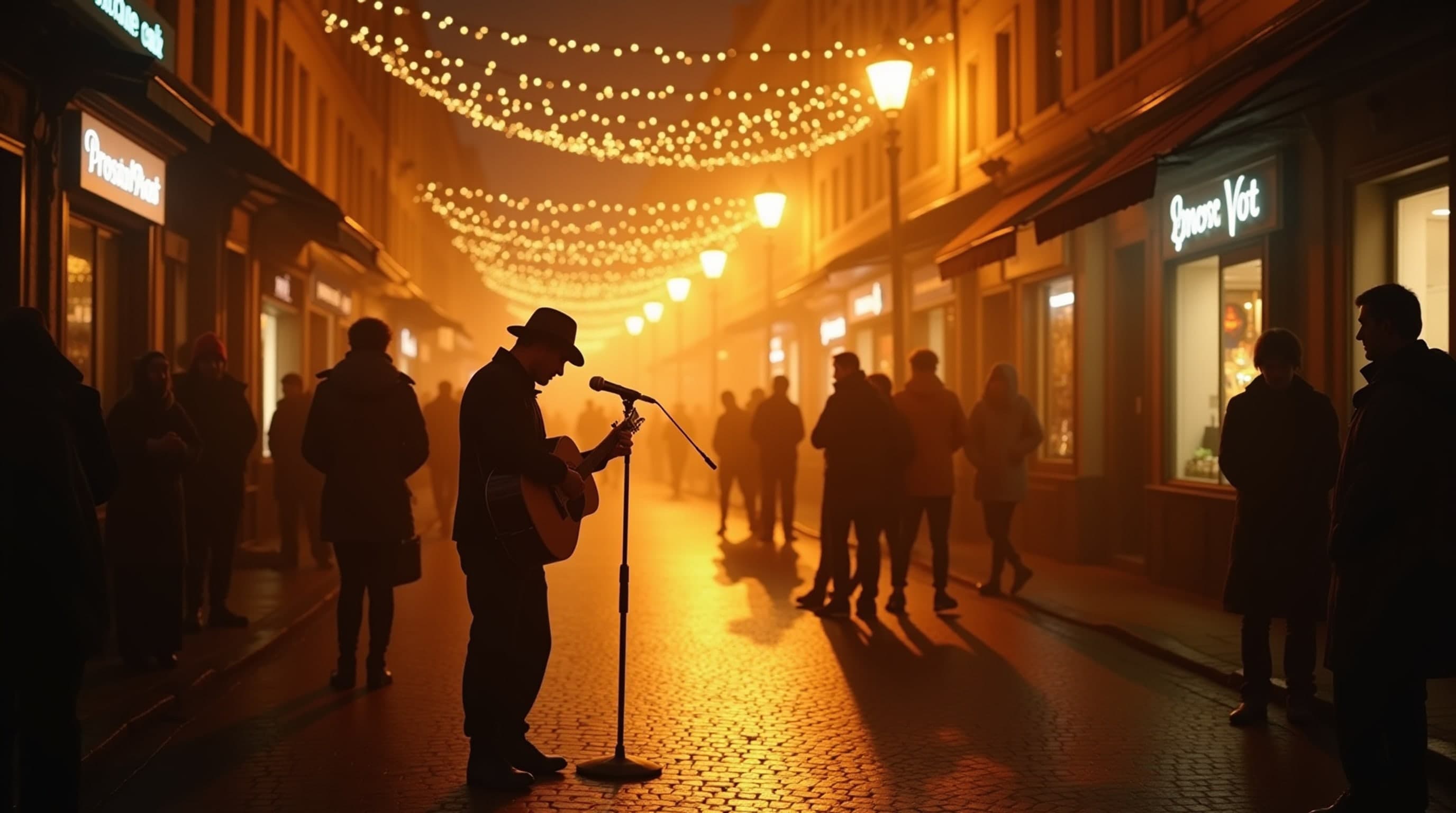 Street musician performing at night